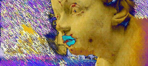 Heavily processed picture of a face of classical statue with bright lipstick on